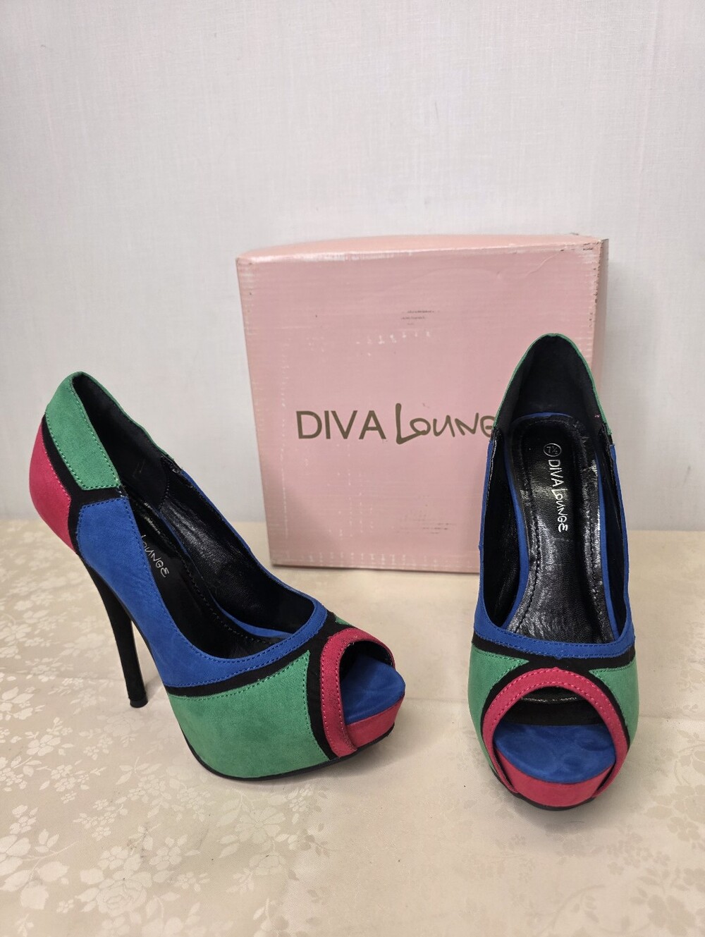 Diva Lounge Colorblock Platform Peep Toe Heels Faux Suede Multicolor 7.5 OG Box